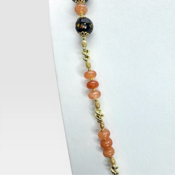 SOLD-ARTISAN Vintage Black Murano Lampwork Glass and Carnelian Gemstone Necklace - Picture 7 of 16